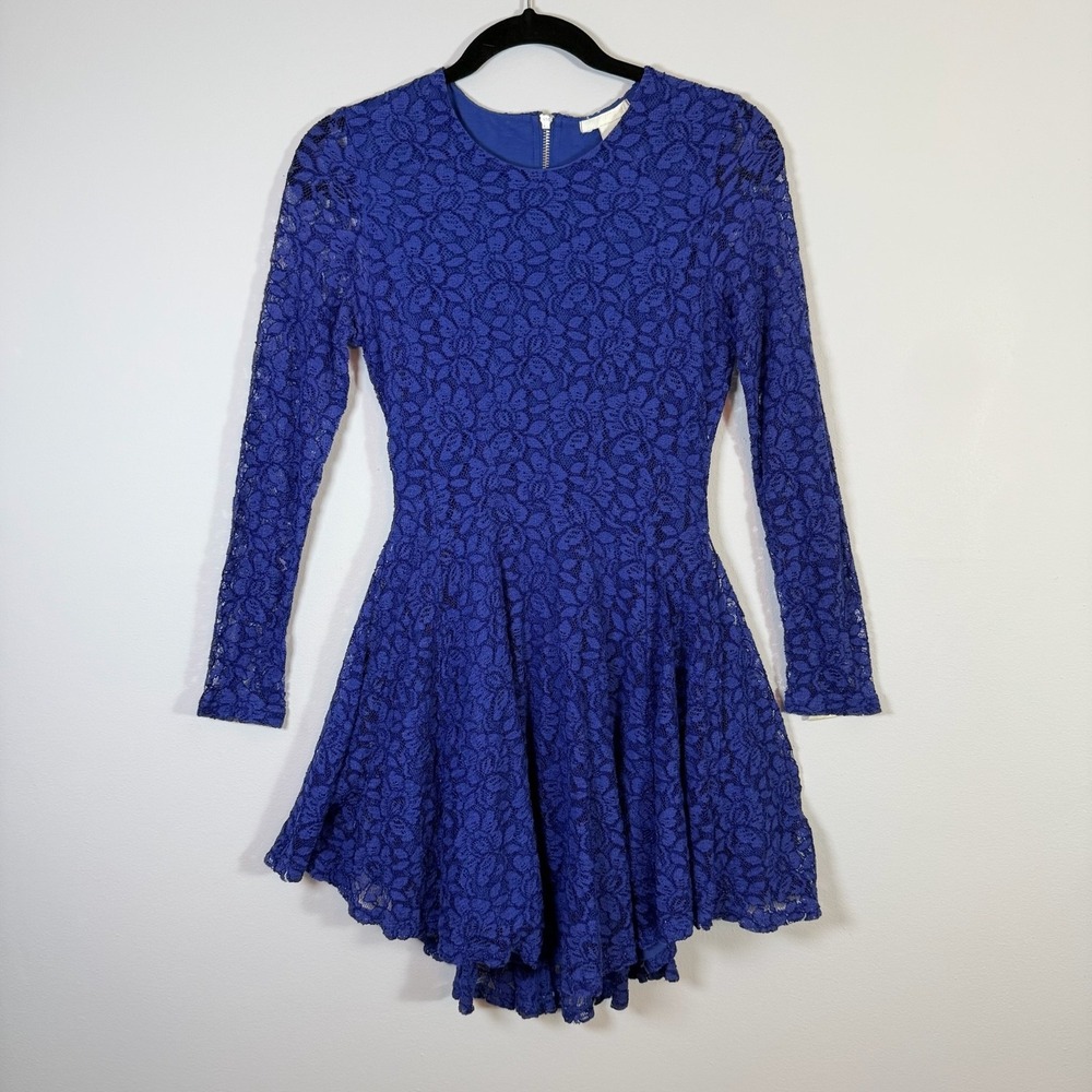 H&M Royal Blue Lace Fit & Flare Skater Party Dress‎ Romantic Long Sleeve Mini S